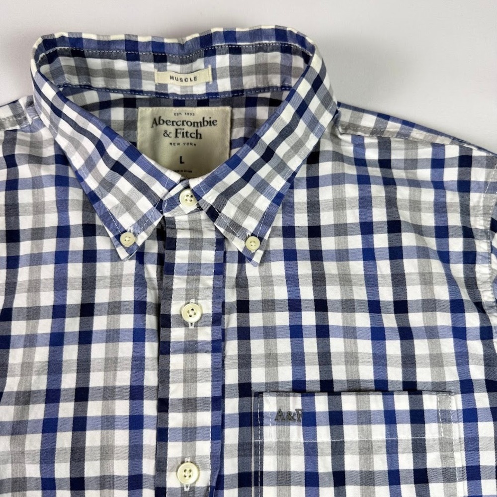 Abercrombie & Fitch Gingham Button Down Shirt Muscle Fit Blue Check Mens Large